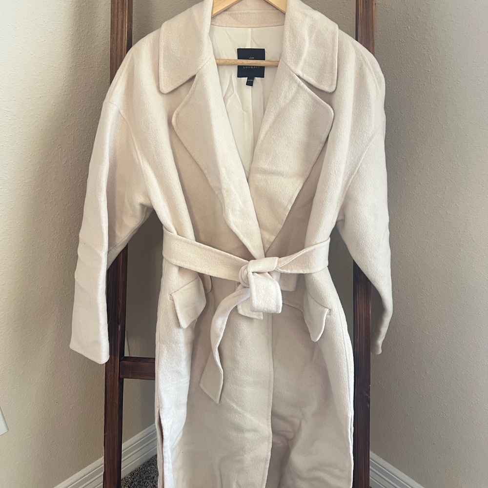 LOOKAST Women’s Ivory Wool Blend Belted Long Coat – One Size
